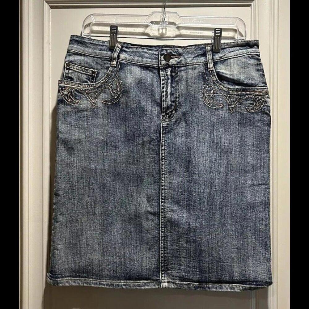 💃💙Cache Skirt Womens 10 Denim Gold Beads Cotton Zipper Fly Pockets 20.5”